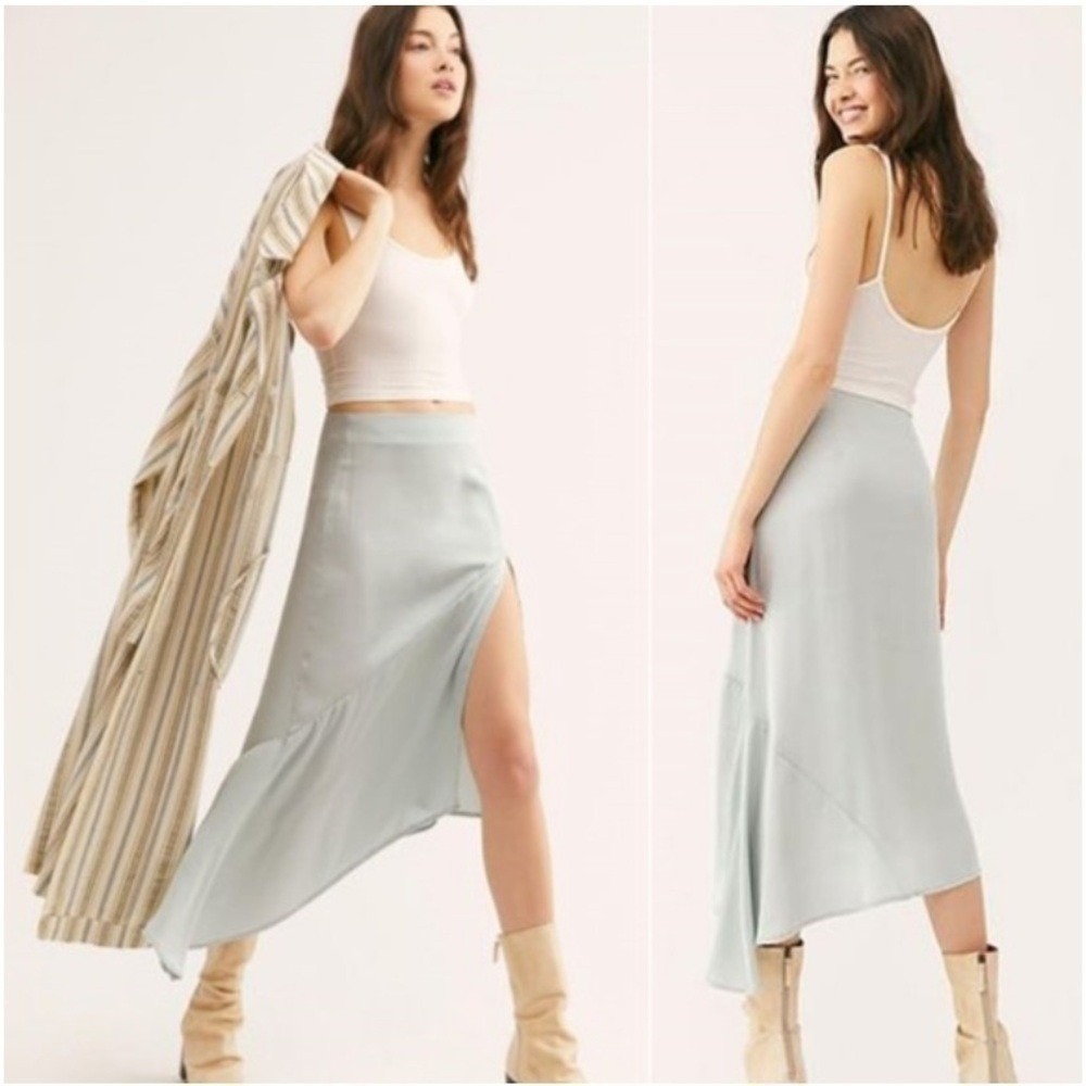 Free People Asymmetrical Midi Skirt Women's Size 8 Sage Green Slit Casual Boho